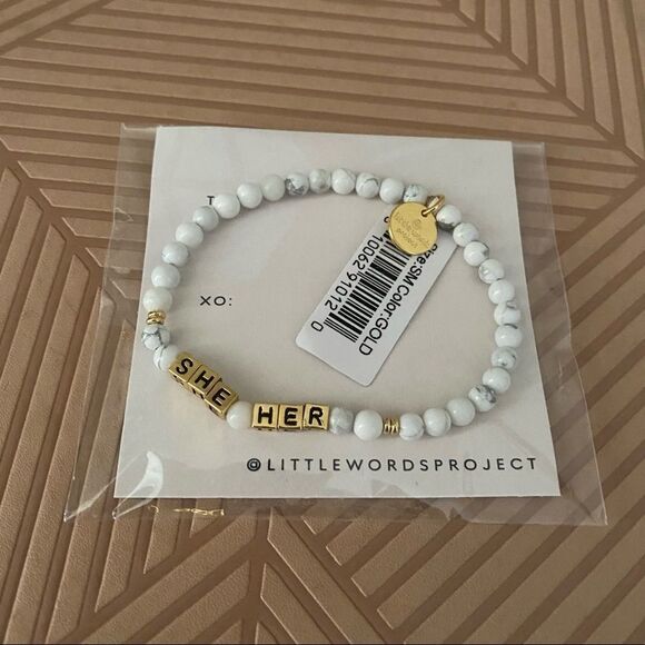 Little Words Project Bracelet She Her Stretch Beaded Gold Marble Neutral Casual - Picture 6 of 6
